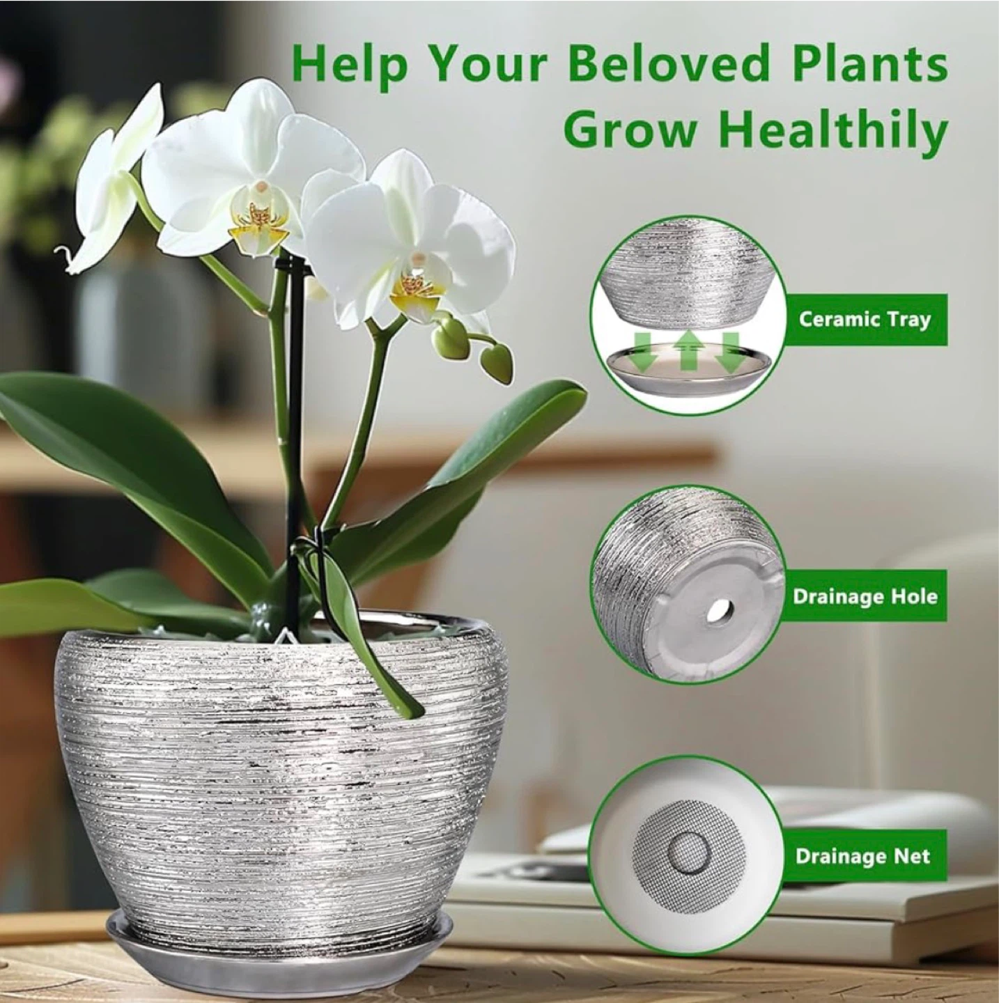 Silver Textured Ceramic Plant Pot with Saucer - photo 3