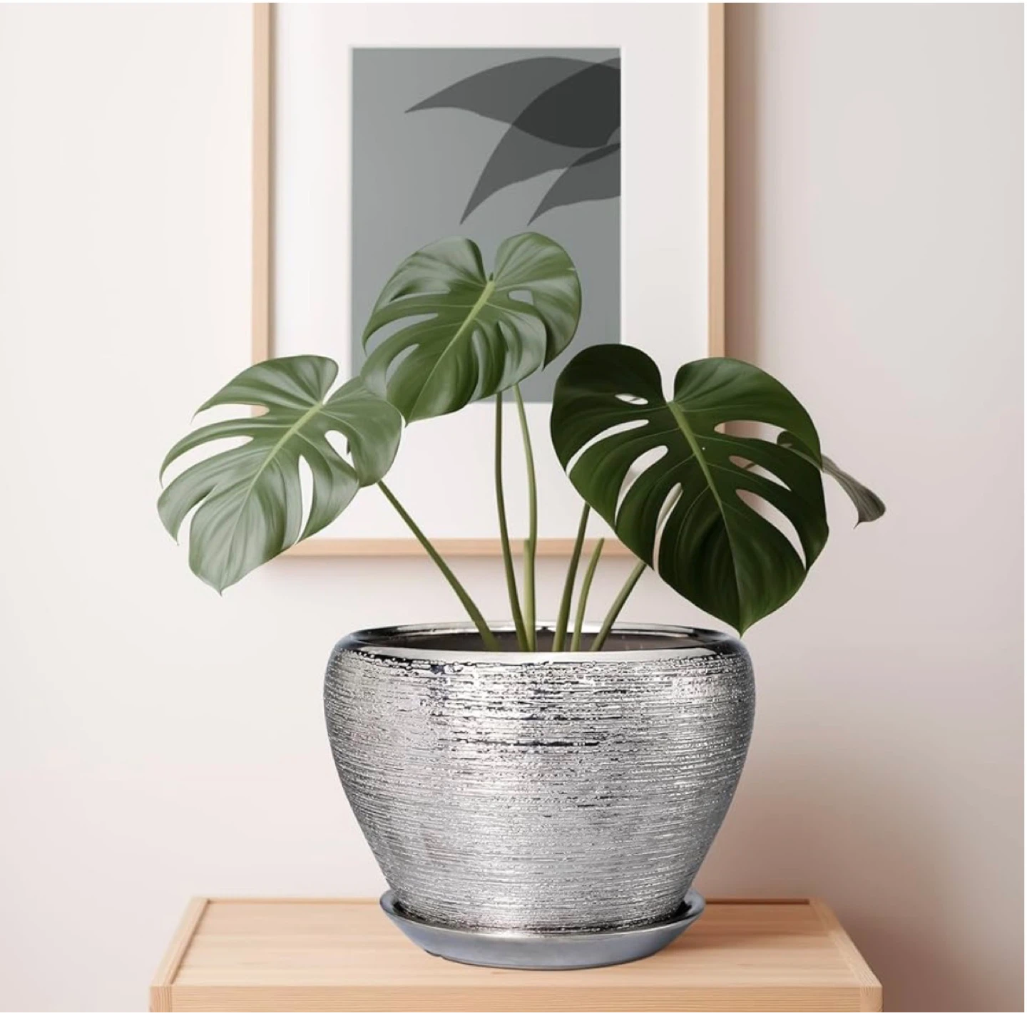 Silver Textured Ceramic Plant Pot with Saucer - photo 2