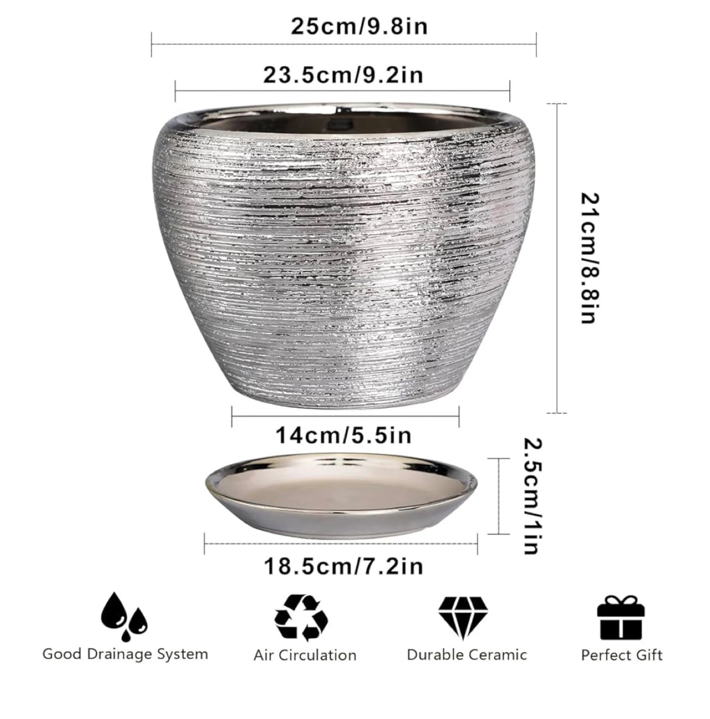 Silver Textured Ceramic Plant Pot with Saucer