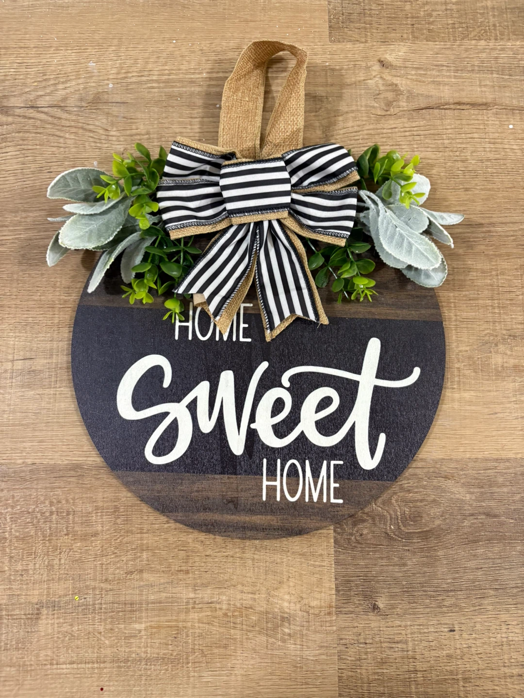 Home Sweet Home Round Wood Sign with Bow and Greenery