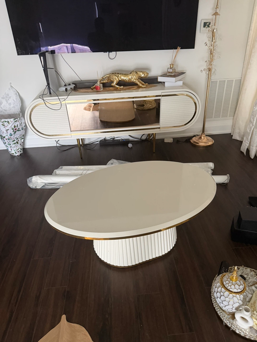 Cream Oval Coffee Table with Fluted Base - photo 3