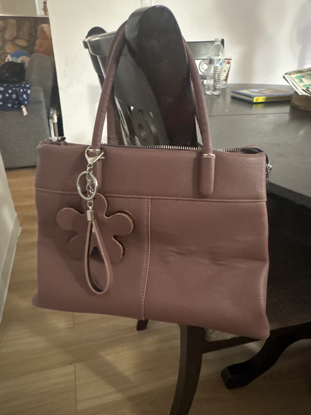 Mauve Faux Leather Tote Handbag with Shoulder Strap