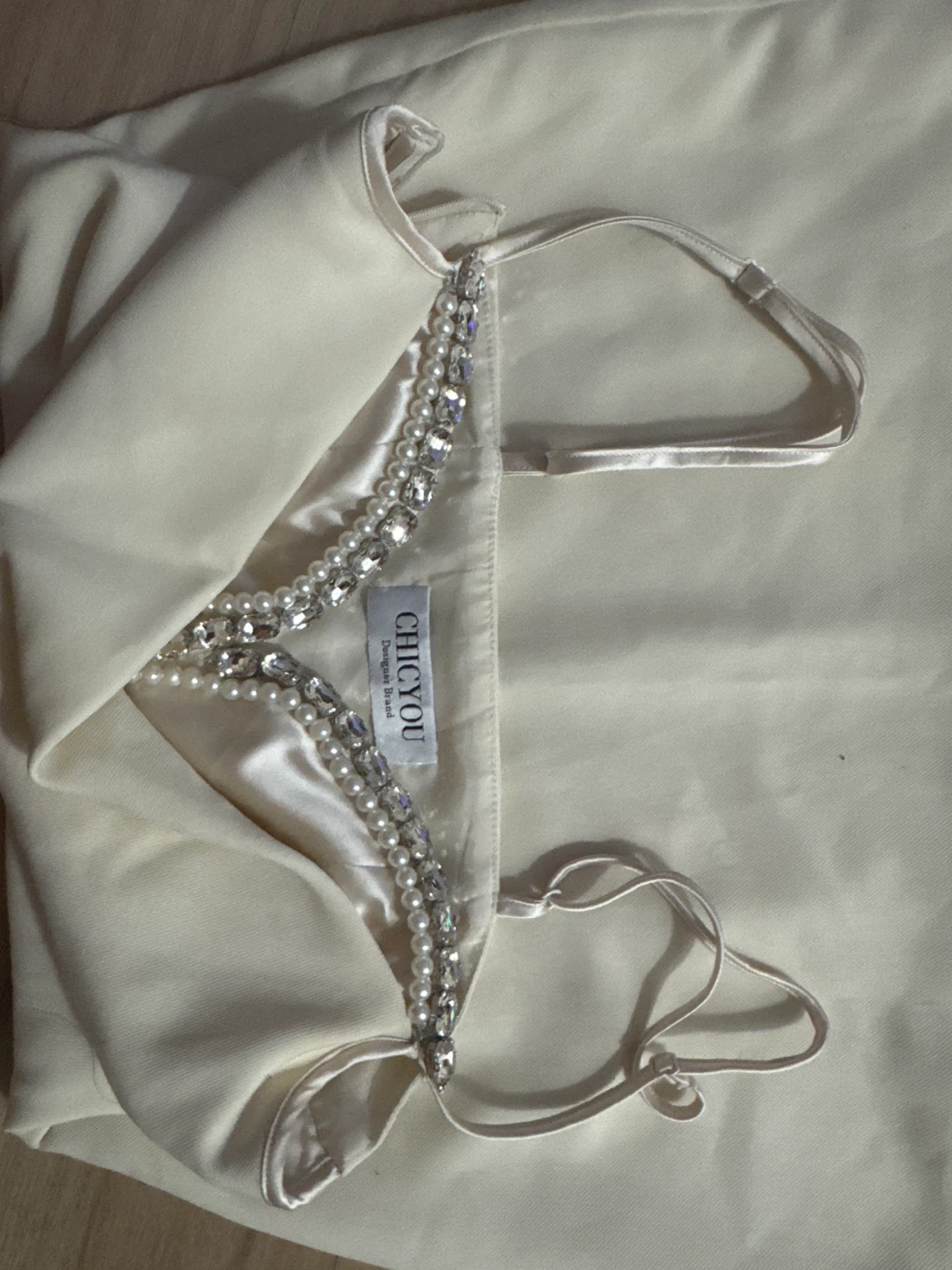 CHICYOU Cream Rhinestone & Pearl Embellished Slip Dress - photo 4