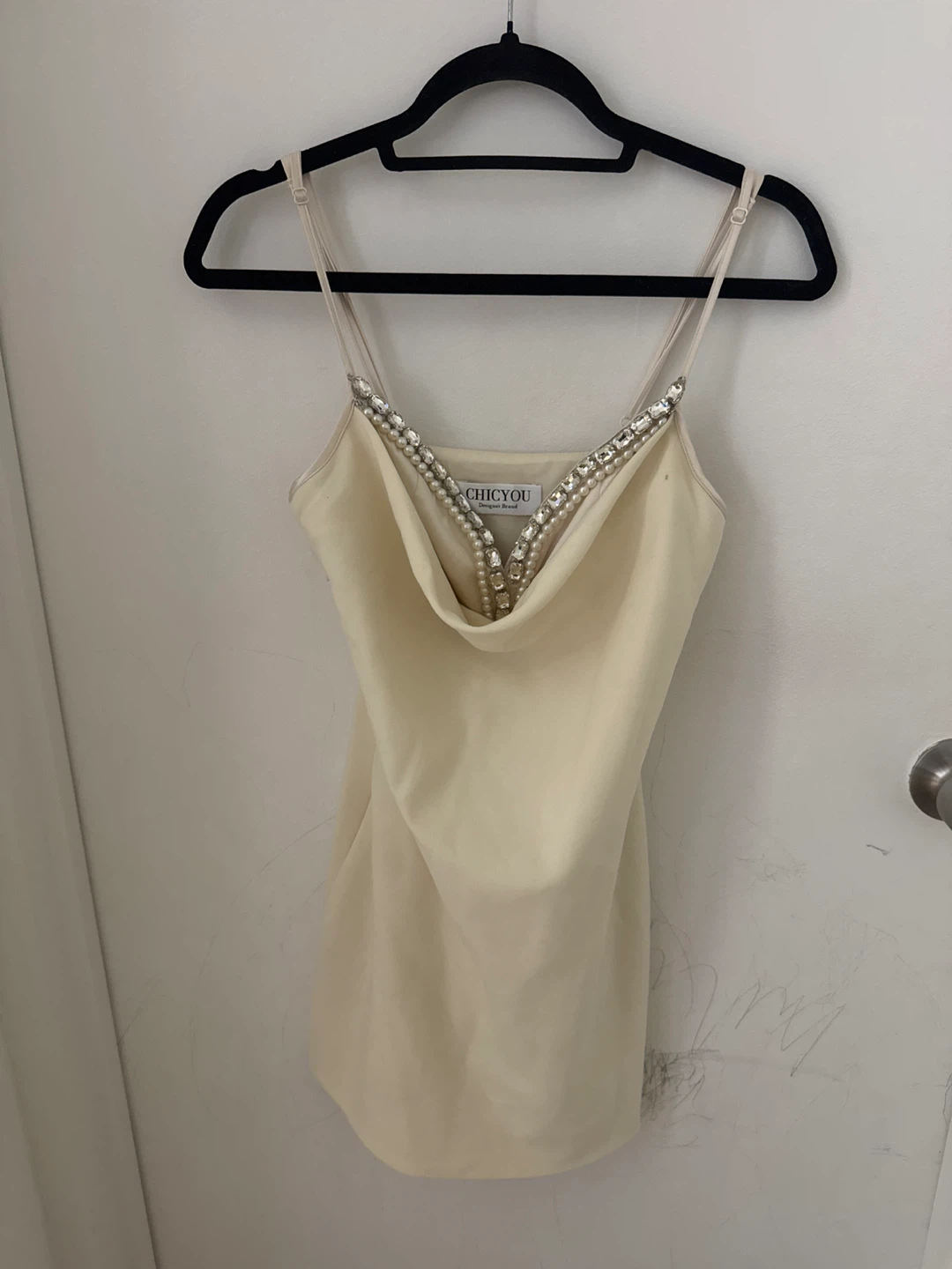 CHICYOU Cream Rhinestone & Pearl Embellished Slip Dress