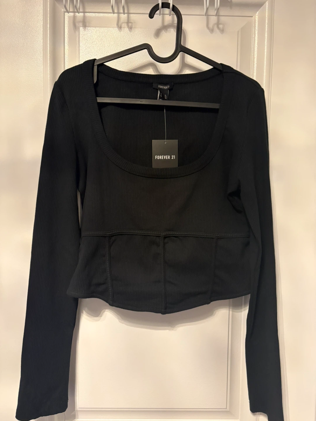 Forever 21 Black Ribbed Cropped Long Sleeve Top - Size XL