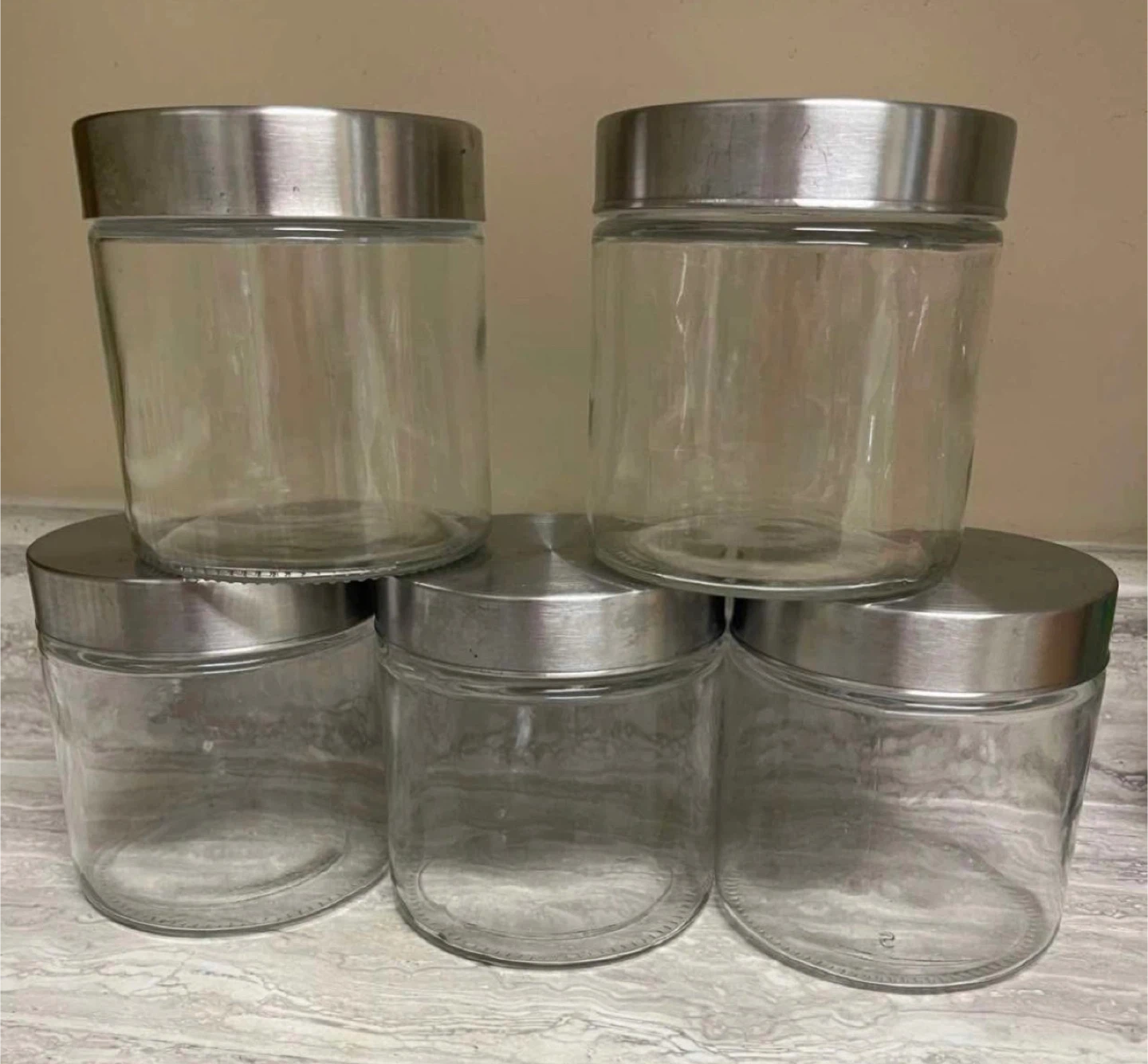 🌱 Set of 5 Large Clear Glass Jars with Silver Metal Lids