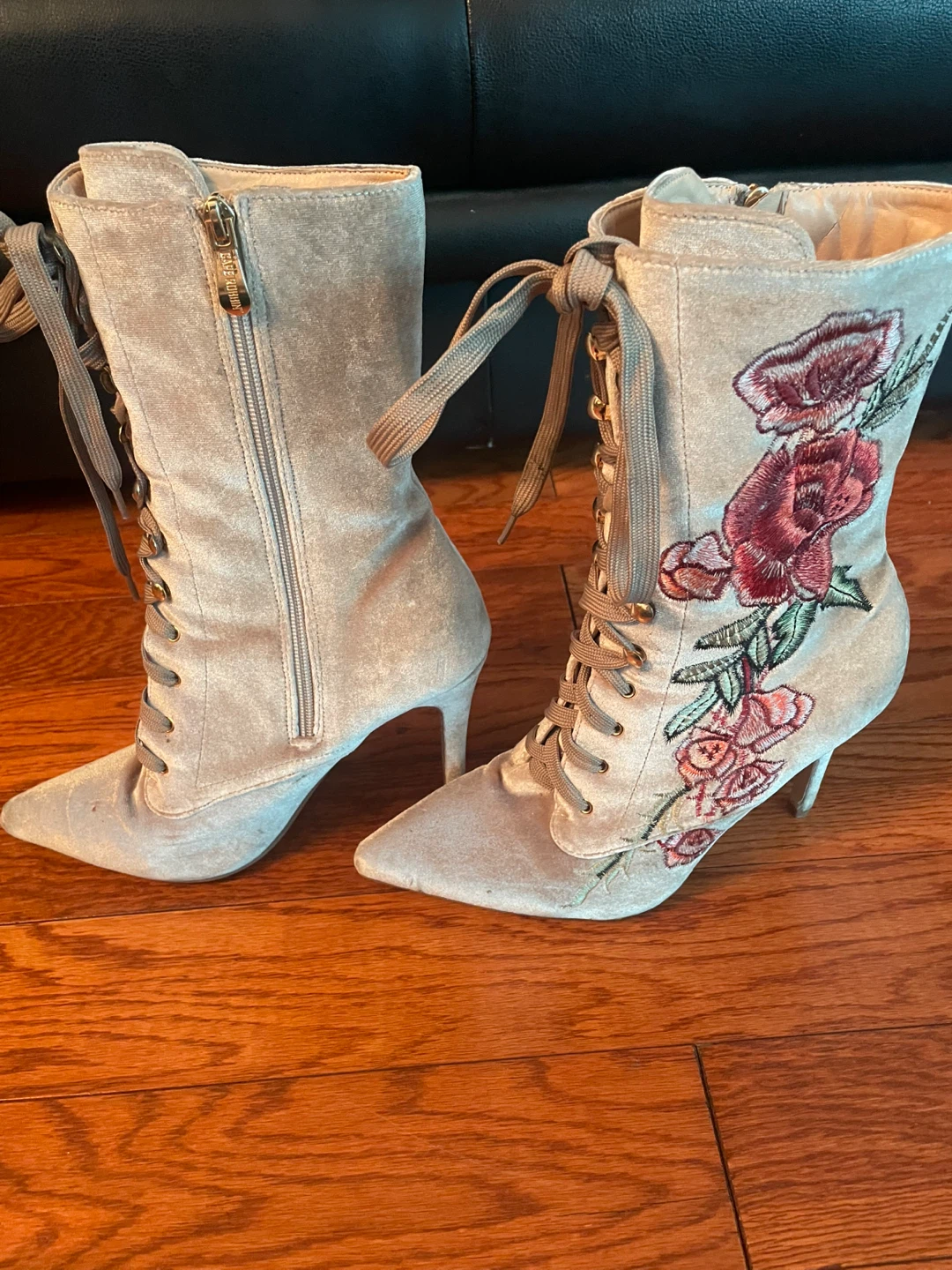 Women's Embroidered Velvet Lace-Up Boots - photo 3