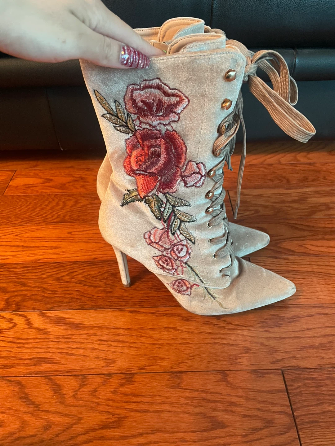 Women's Embroidered Velvet Lace-Up Boots - photo 2