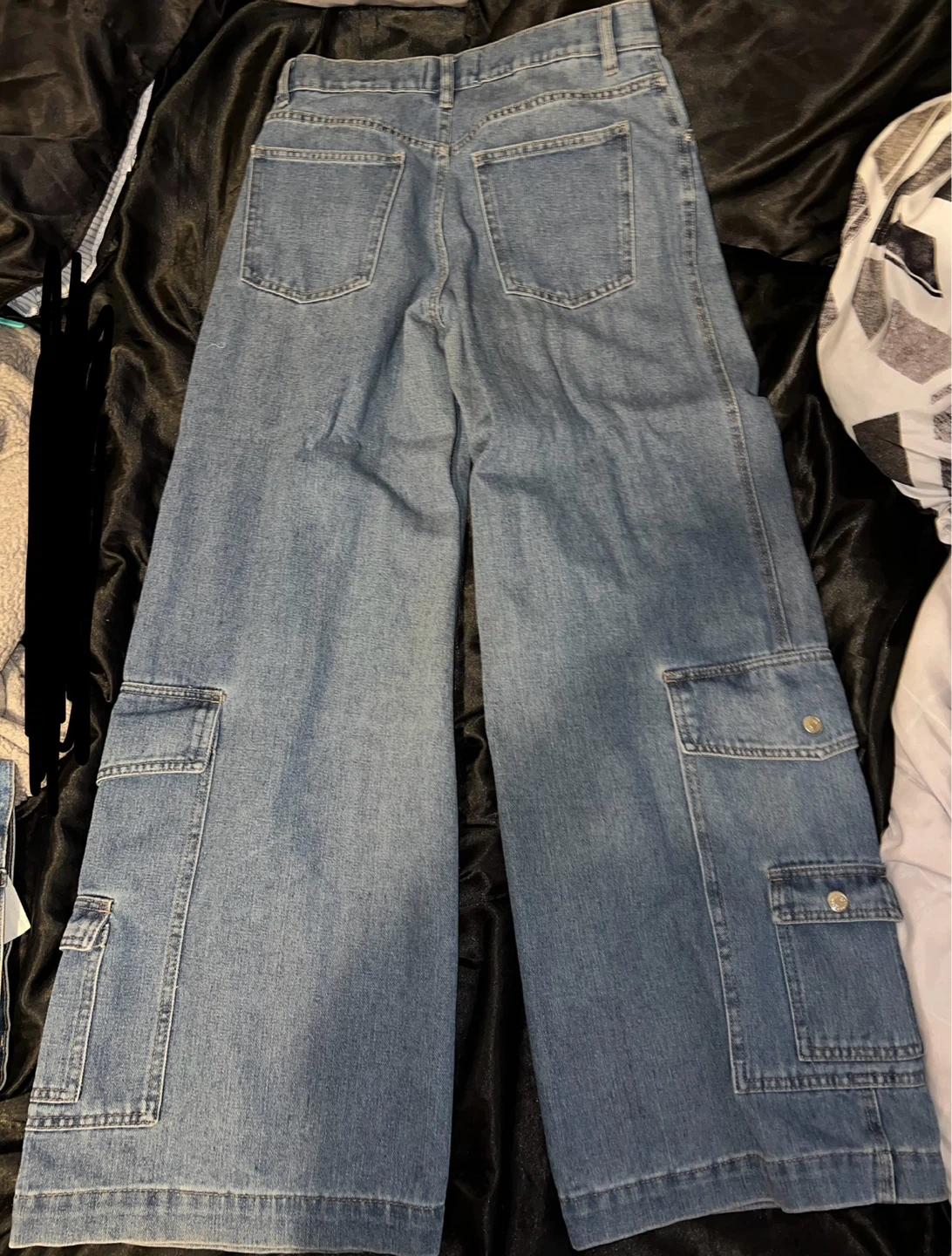 Blue Denim Wide Leg Cargo Jeans