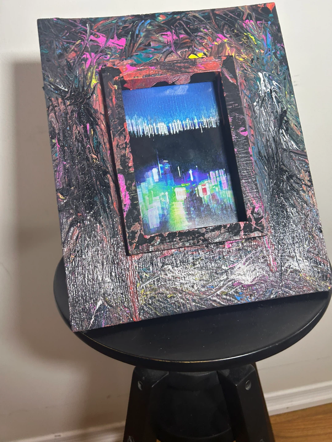 Abstract Art Piece with Cityscape Reflection - photo 4
