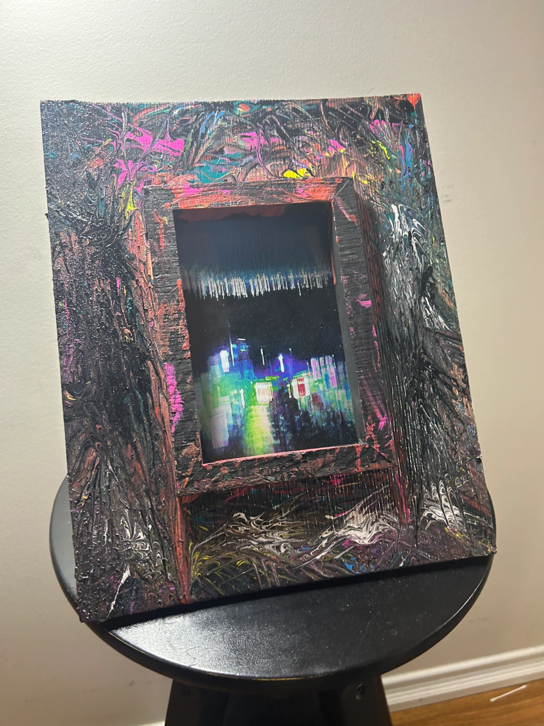 Abstract Art Piece with Cityscape Reflection - photo 3