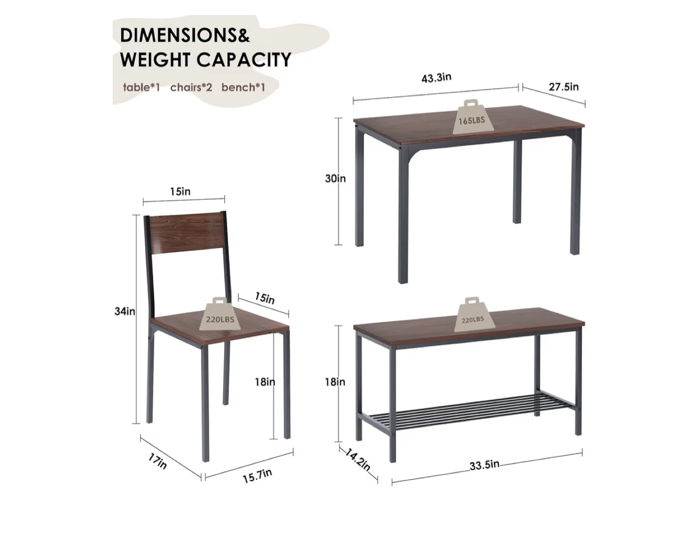 3-Piece Dining Set with Chairs and Bench - photo 3