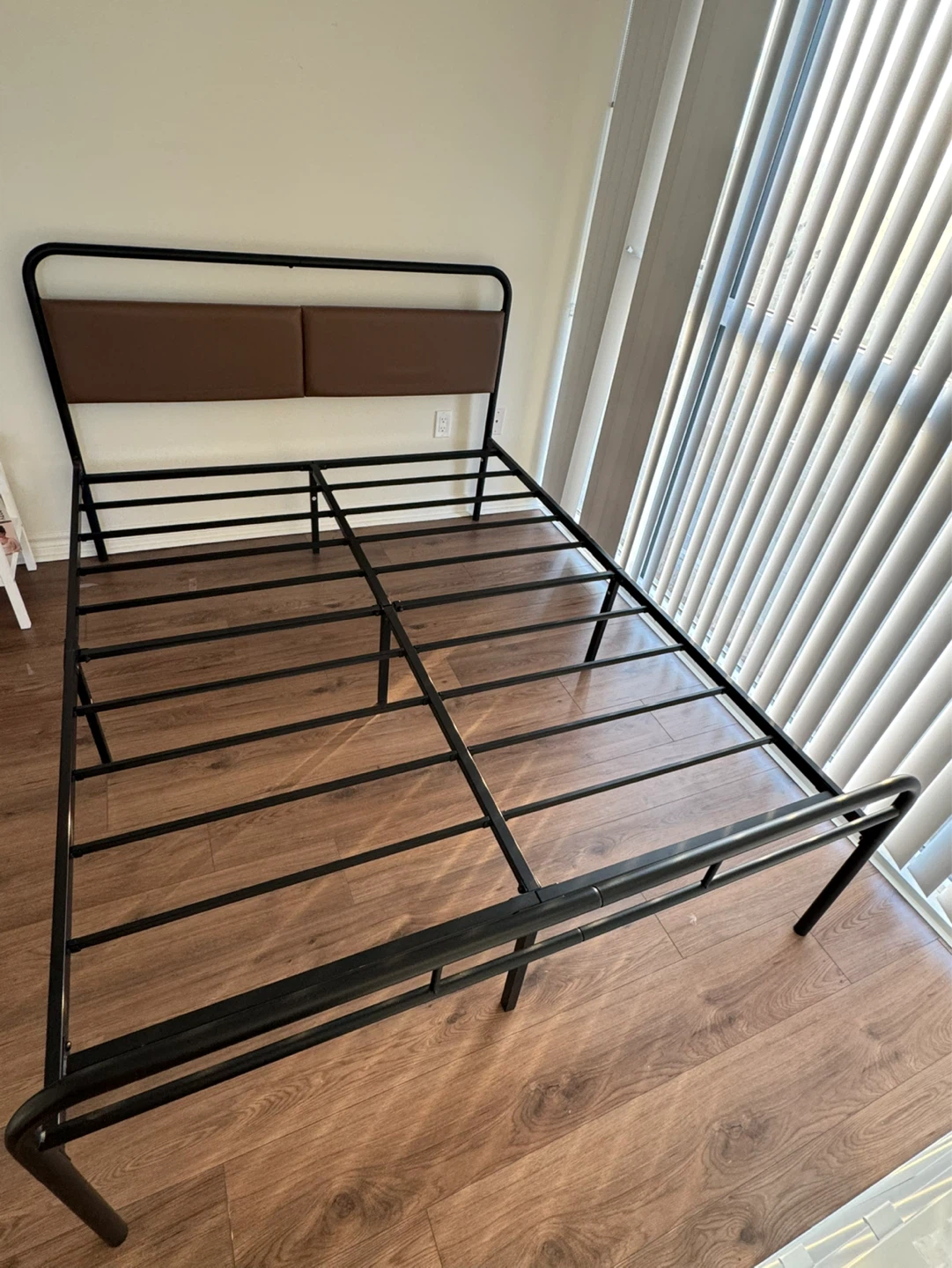 Queen Black Metal Bed Frame with Brown Headboard