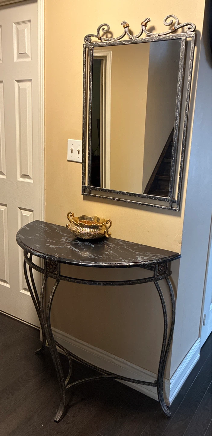 Console Table with Black Marble Top and Ornate Metal Base