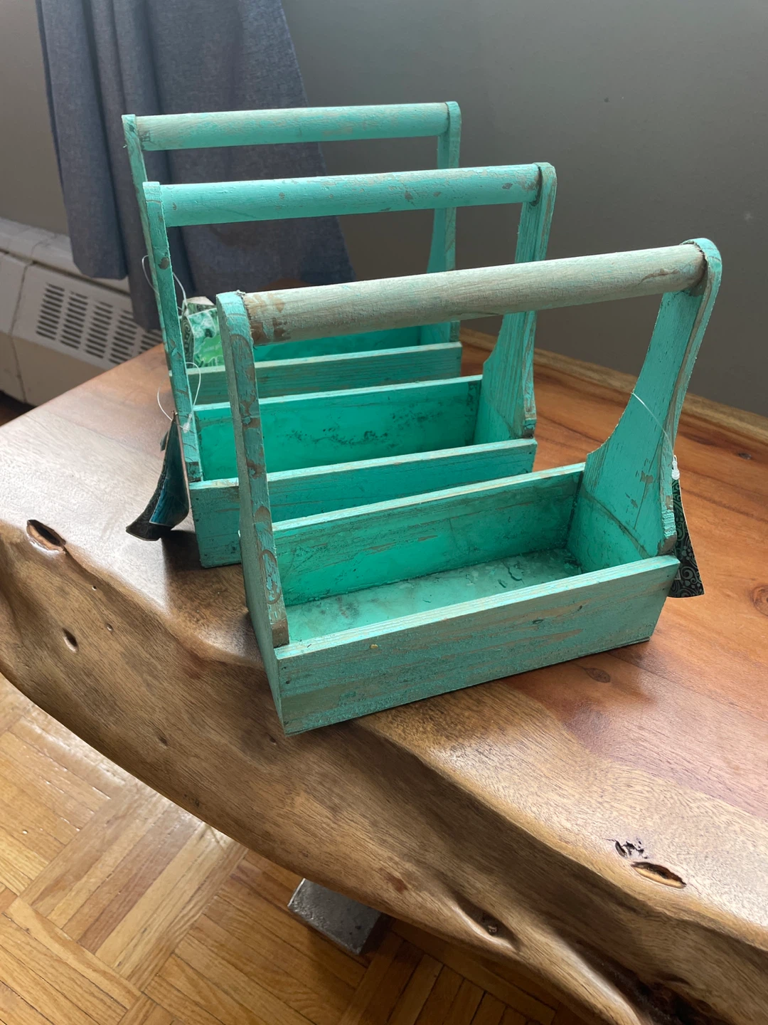 Set of 3 Rustic Teal Wooden Caddy Baskets - photo 2
