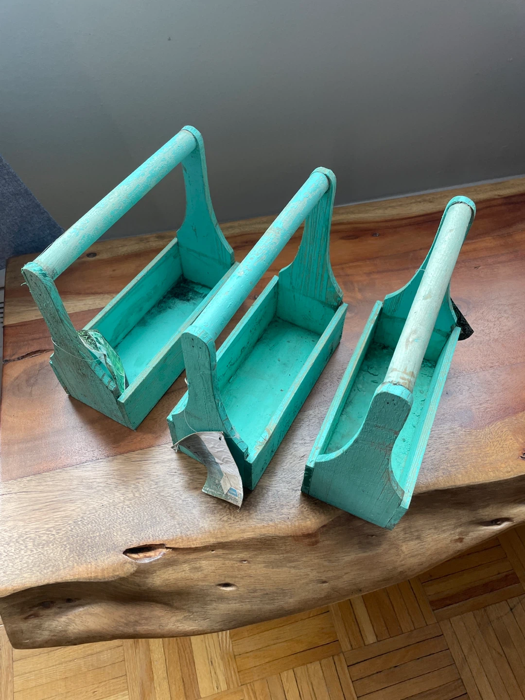 Set of 3 Rustic Teal Wooden Caddy Baskets