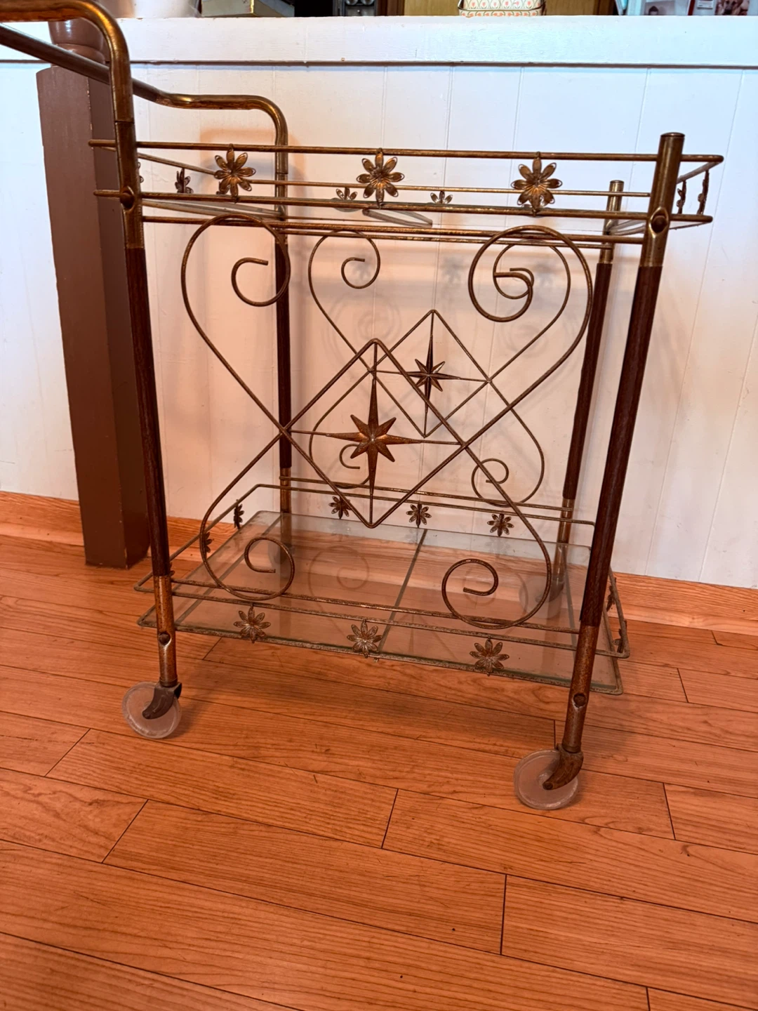 Vintage Metal and Glass Bar Cart with Decorative Accents