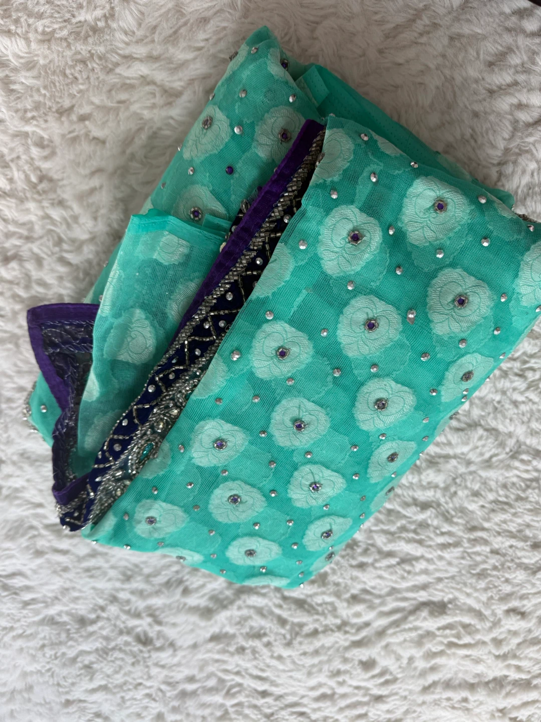 Sequin Embellished Teal Sari - photo 3