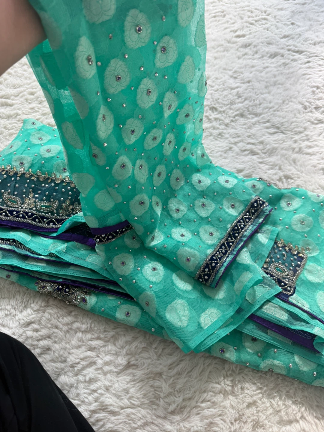 Sequin Embellished Teal Sari - photo 2