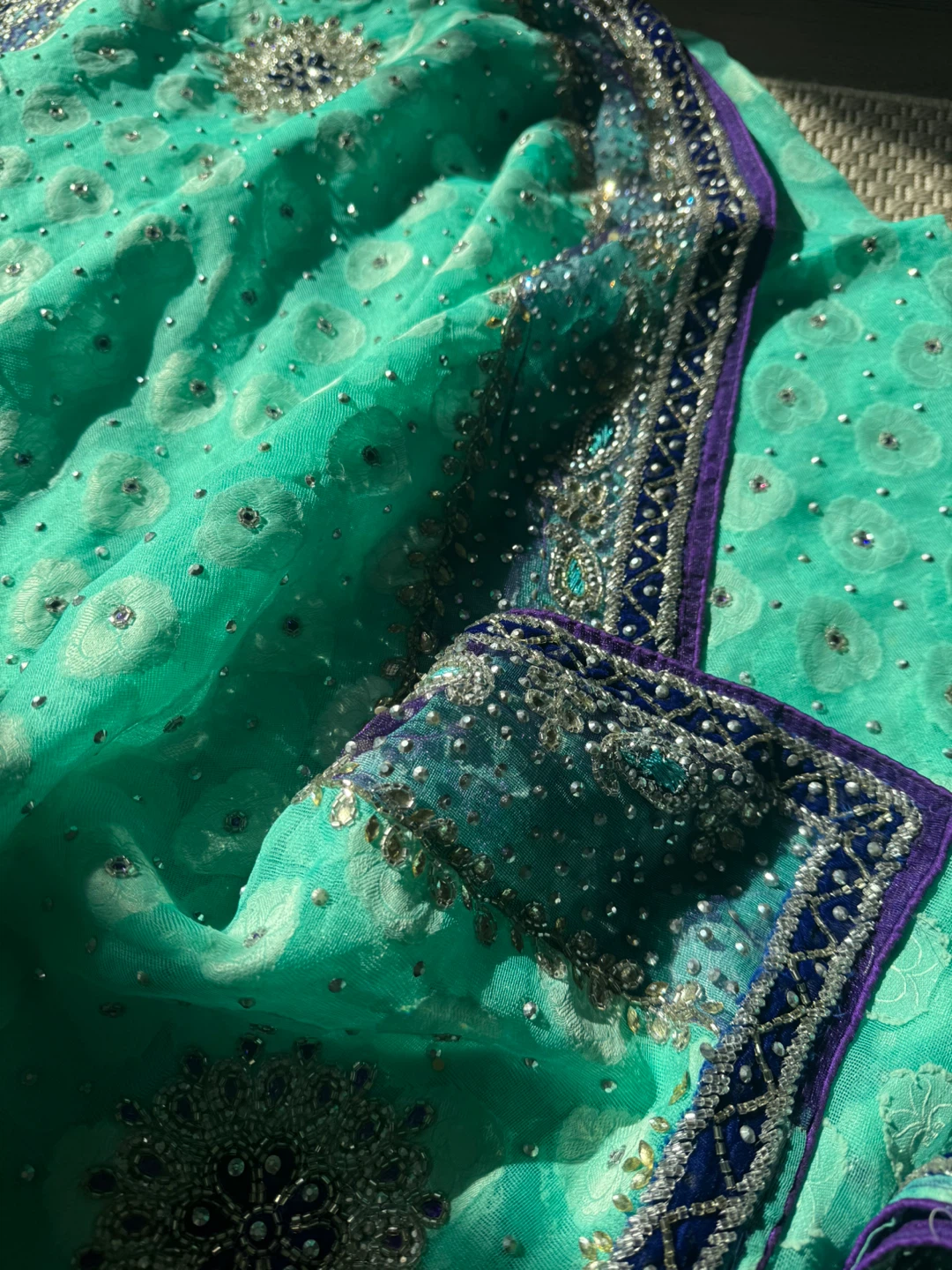 Sequin Embellished Teal Sari