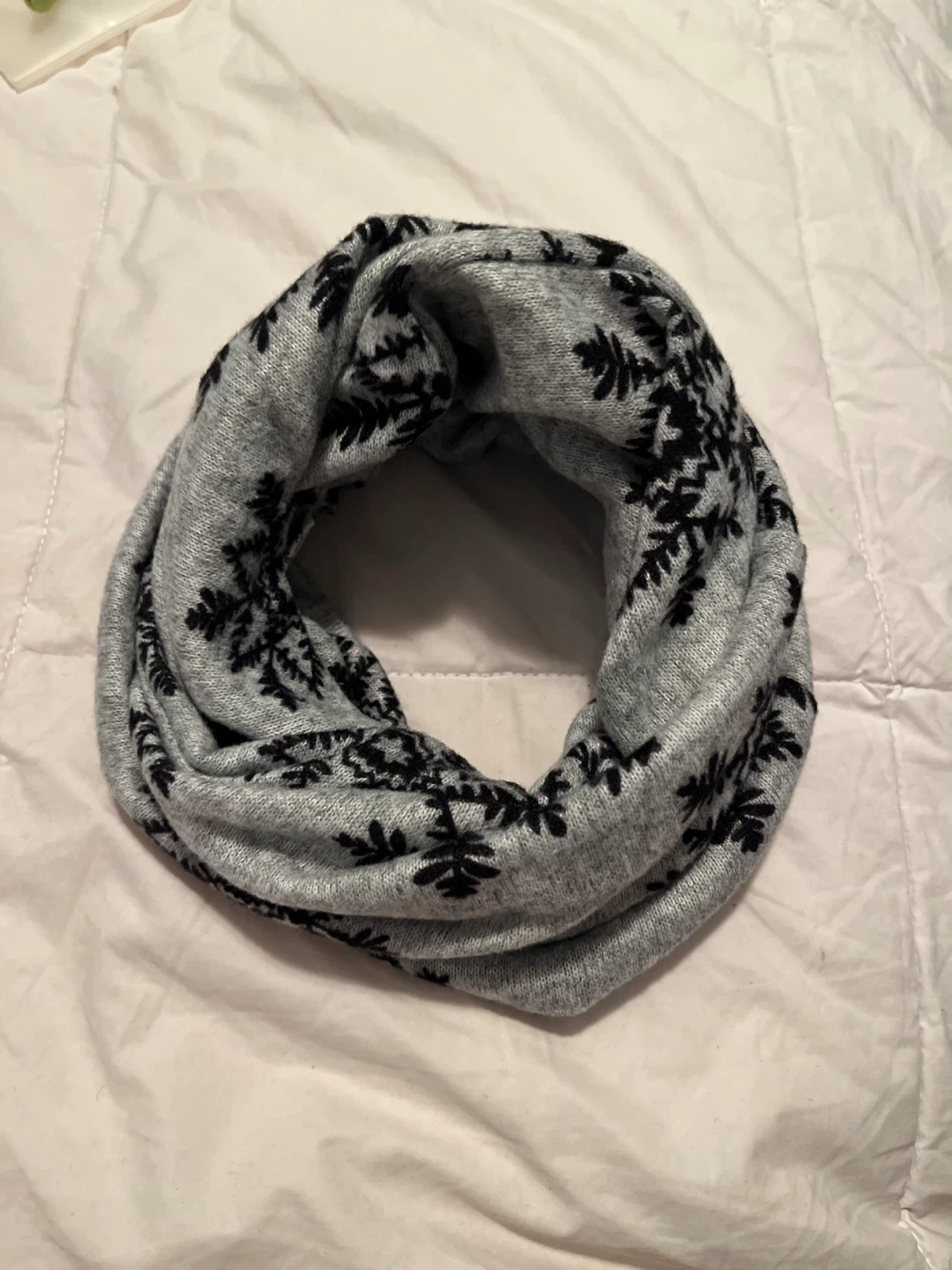 Grey Infinity Scarf with Black Snowflake Pattern