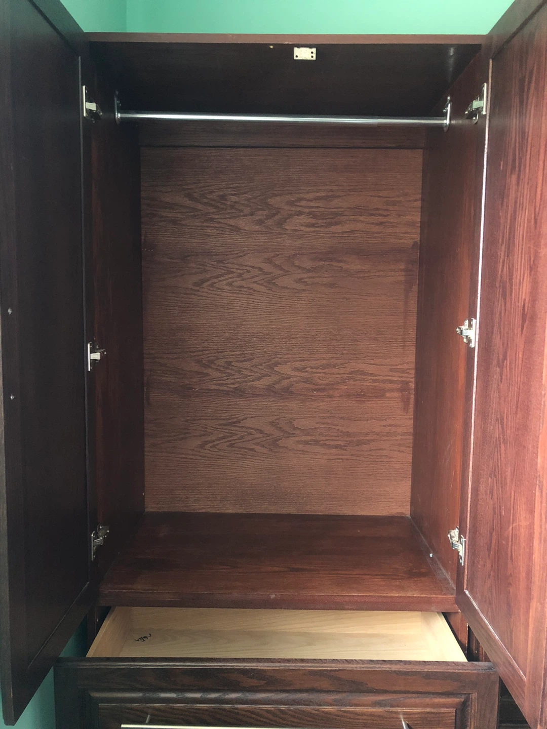 Dark Wood Armoire/Wardrobe with Hanging Rod and Drawers