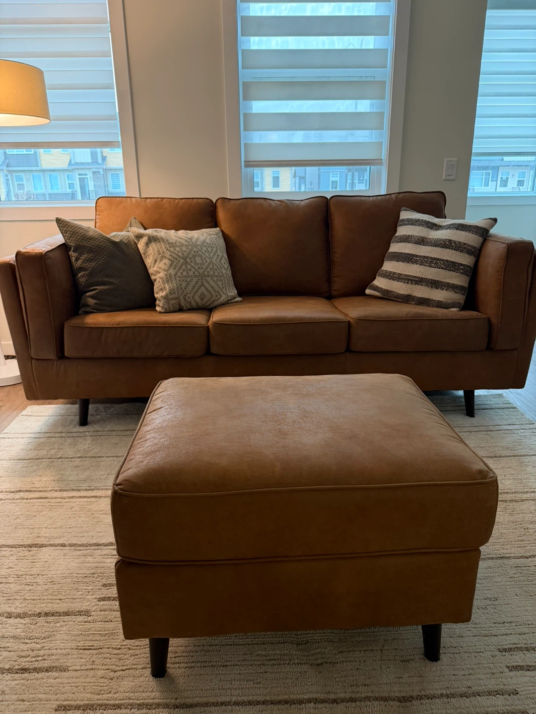 Brown Faux Leather Sofa with Matching Ottoman