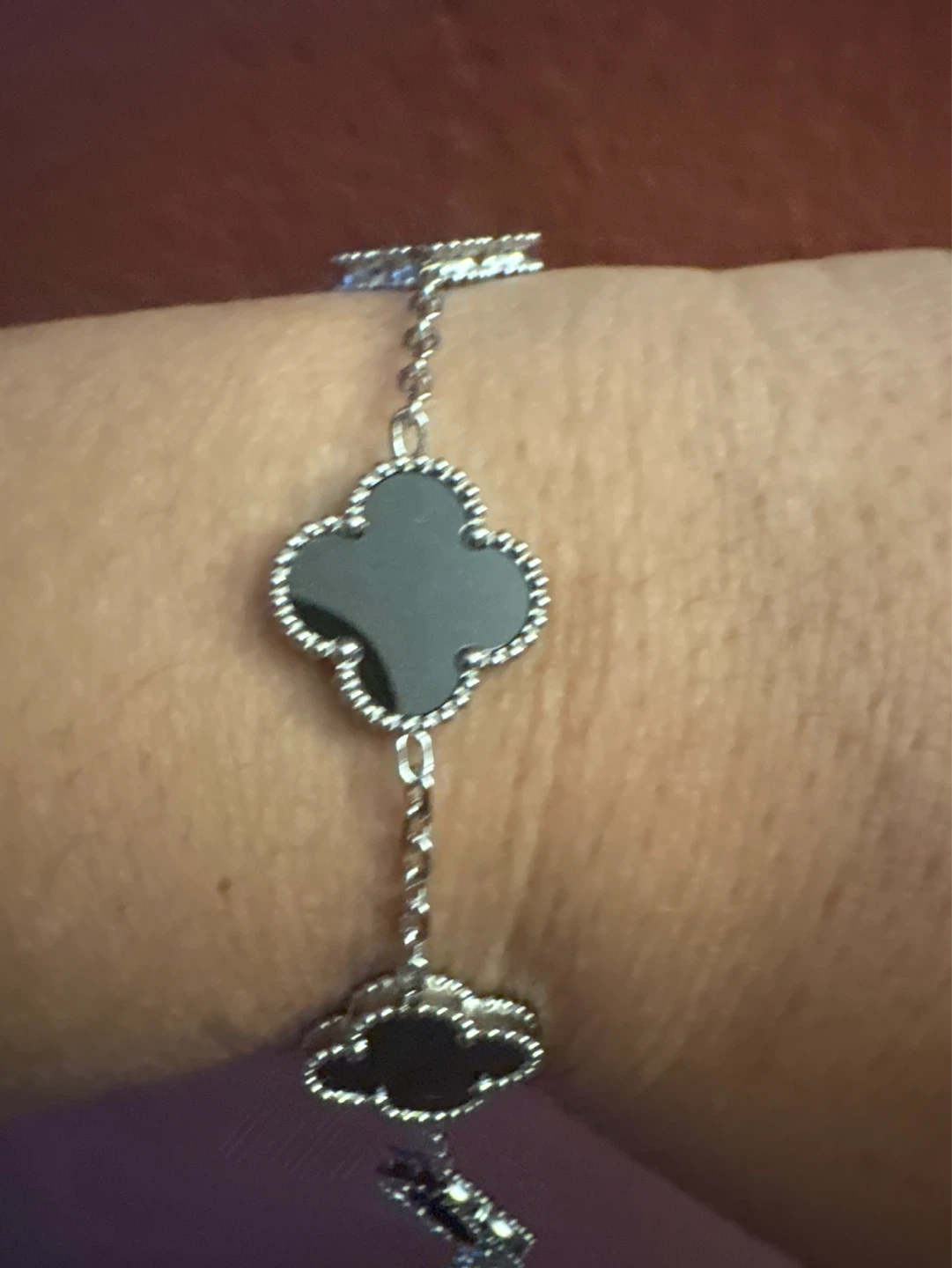 Silver Stainless Steel Black Onyx  Clover Bracelet