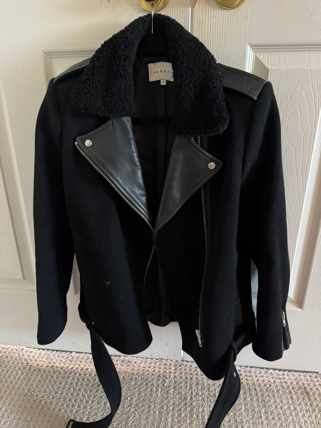 Sandro Black Wool Blend Moto Jacket with Faux Fur Collar
