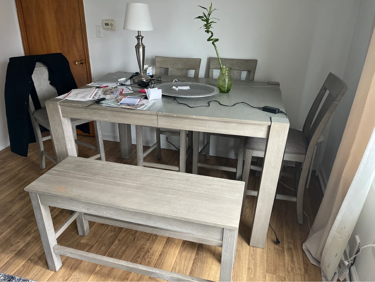 Light Oak Dining Table with Bench and Chairs