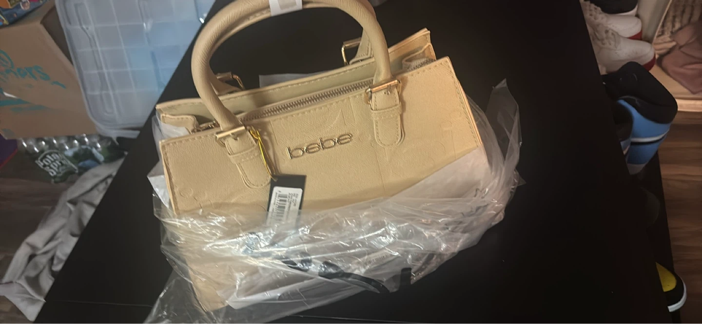Bebe Beige Structured Handbag with Gold Hardware