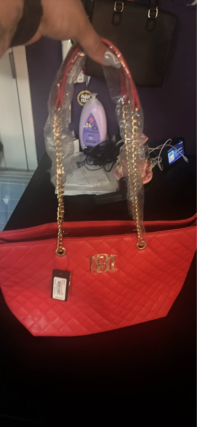 Badgley mishka red Quilted Tote Bag with Gold Chain Detail