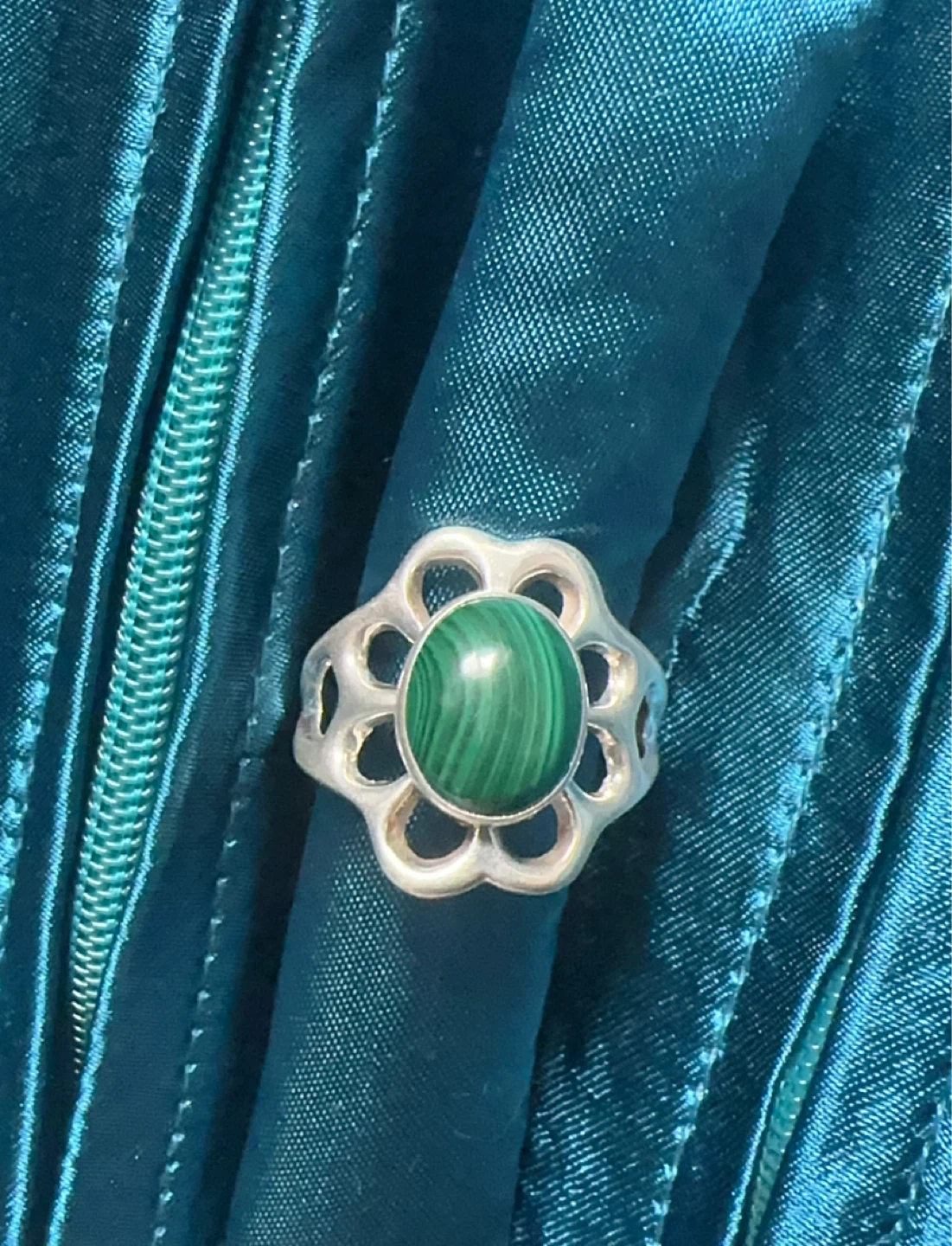 Vintage Sterling Silver Malachite Flower Statement Ring- Size 10