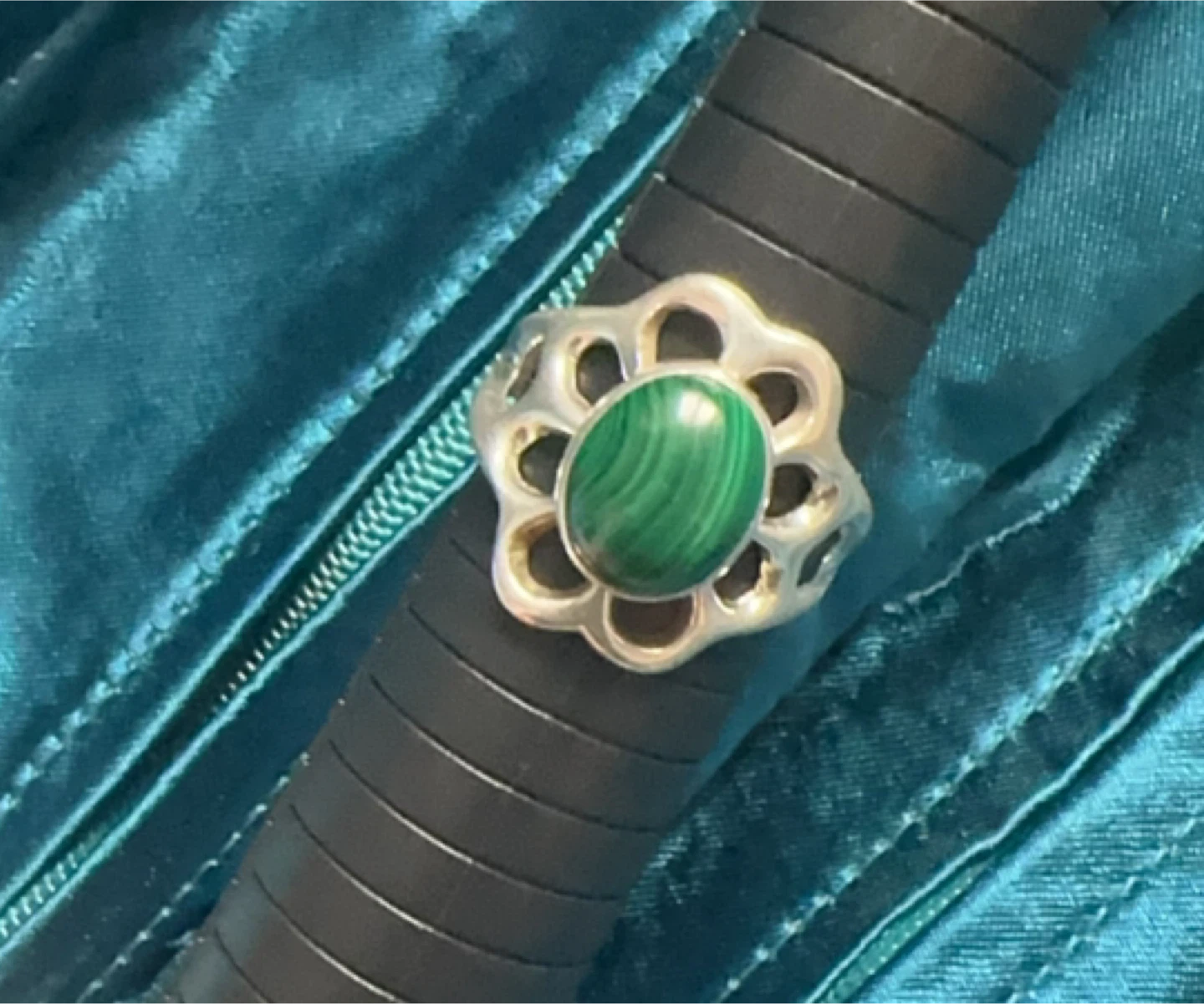 Vintage Sterling Silver Malachite Flower Statement Ring- Size 10 - photo 2
