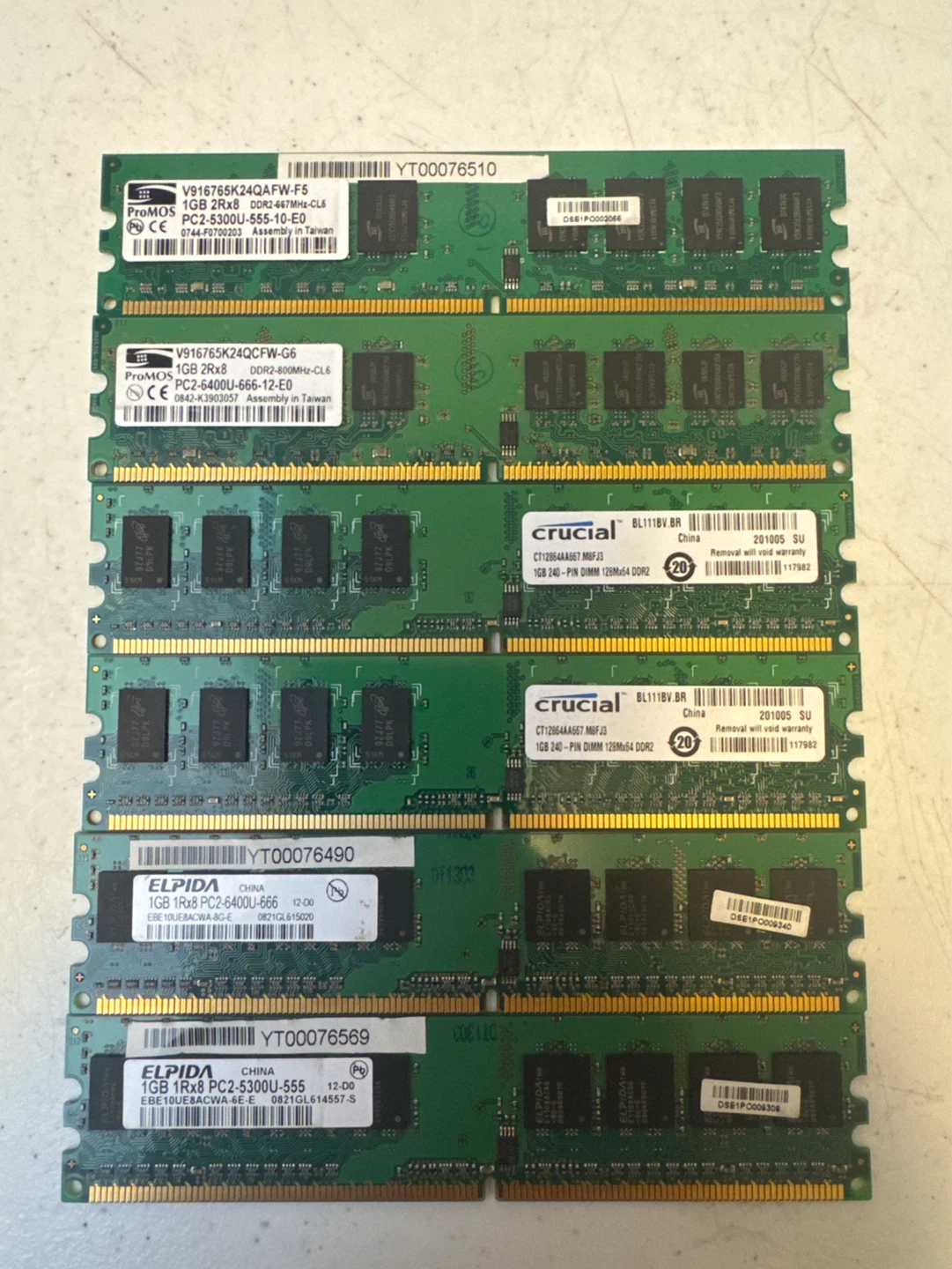 Assorted Computer RAM Sticks - Crucial, Elpida, ProMOS