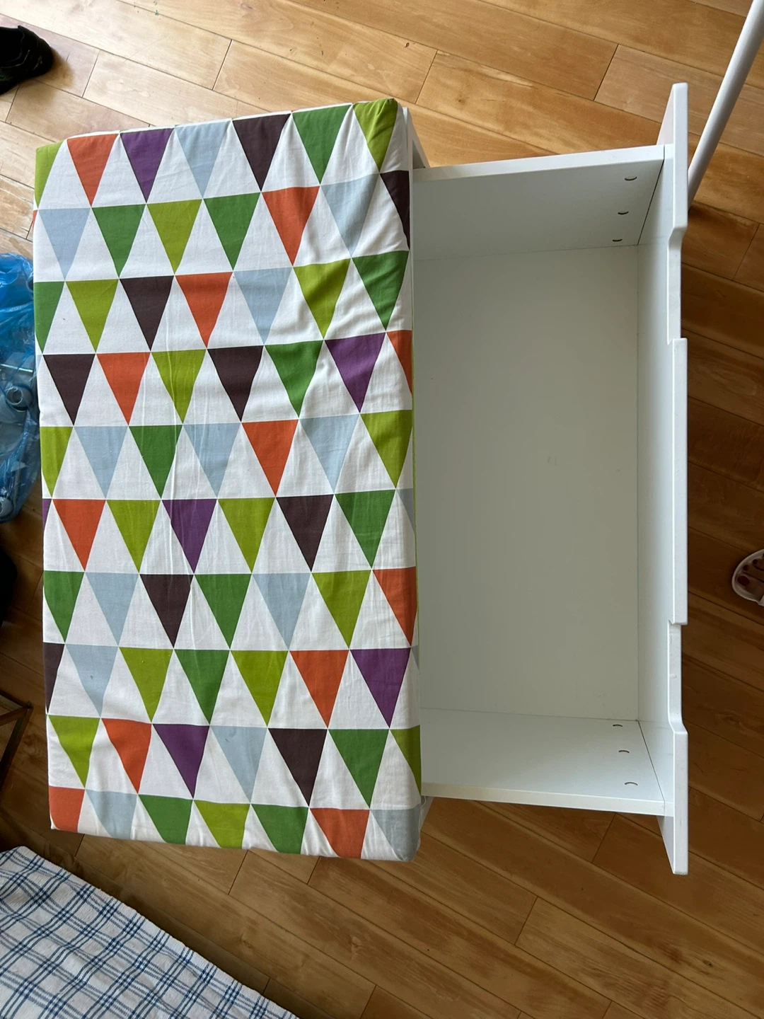 Moving Sale! IKEA White Storage Bench with Geometric Cushion