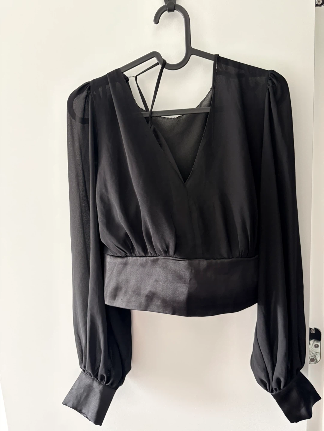 Black V-Neck Blouse with Satin Band