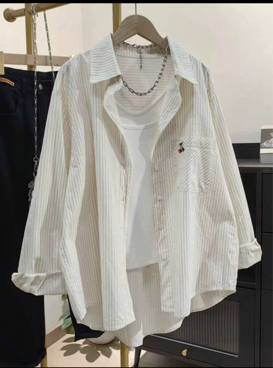 Women's Striped Long Sleeve Shirt with Cherry Pocket Detail