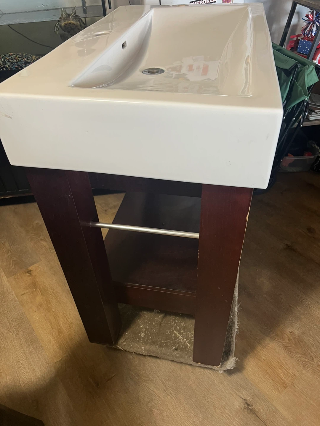 White Rectangular Vessel Sink with Dark Wood Vanity Stand - photo 4