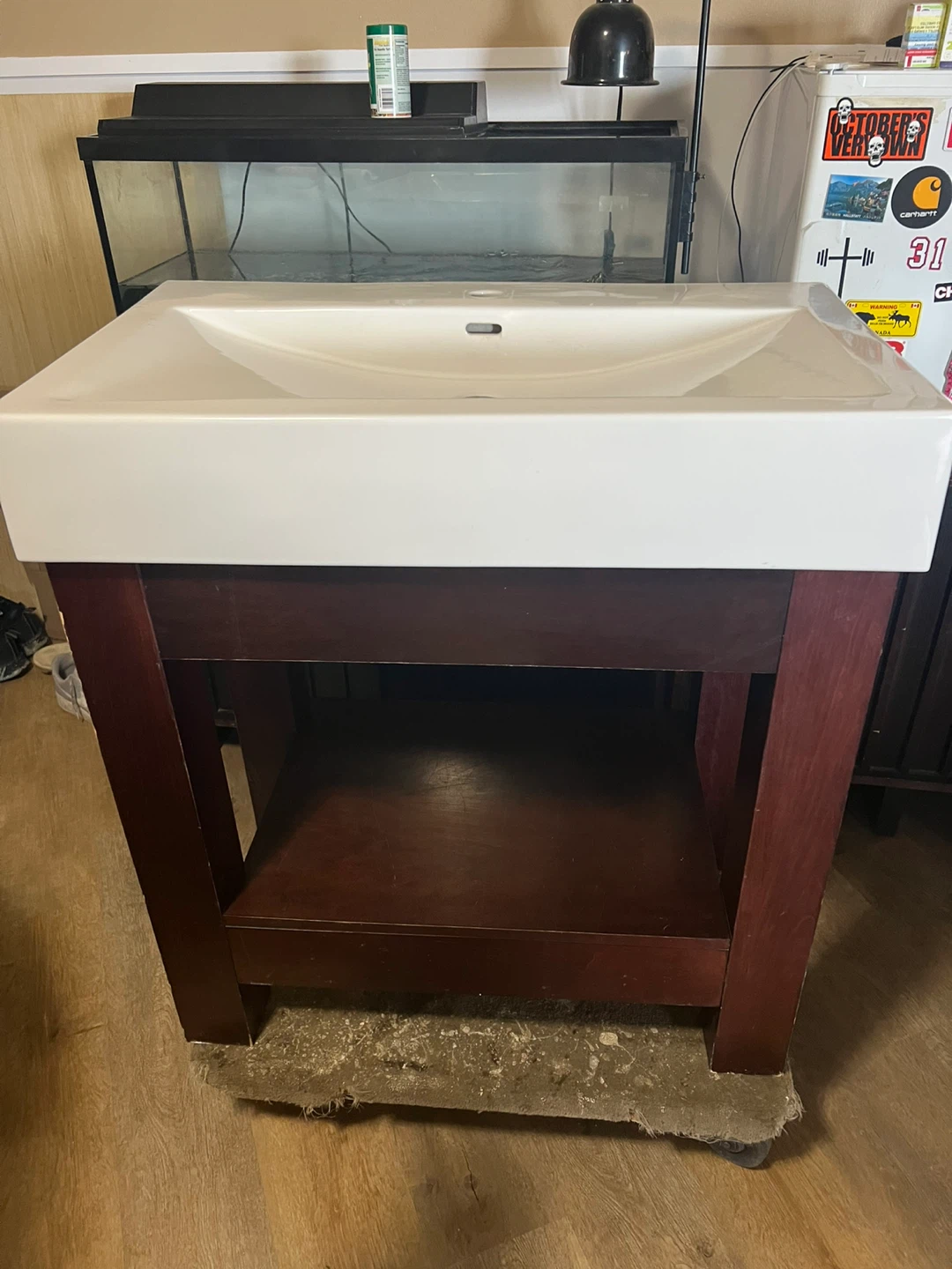 White Rectangular Vessel Sink with Dark Wood Vanity Stand
