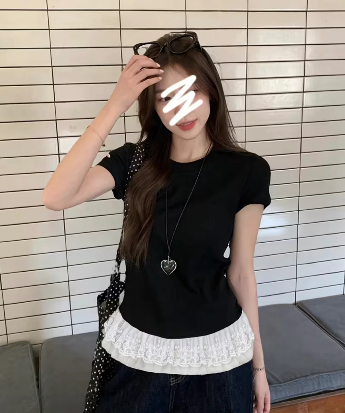 Black T-Shirt with White Lace Trim