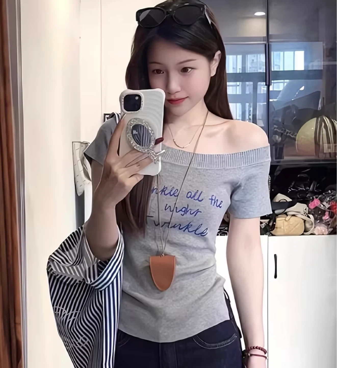 Grey Off-the-Shoulder Top with Script