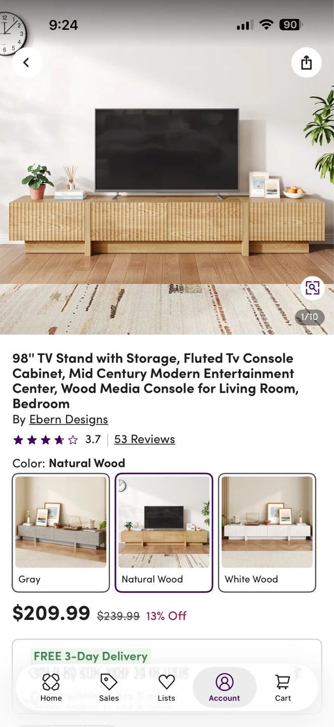 98" TV Stand Console - Natural Wood
