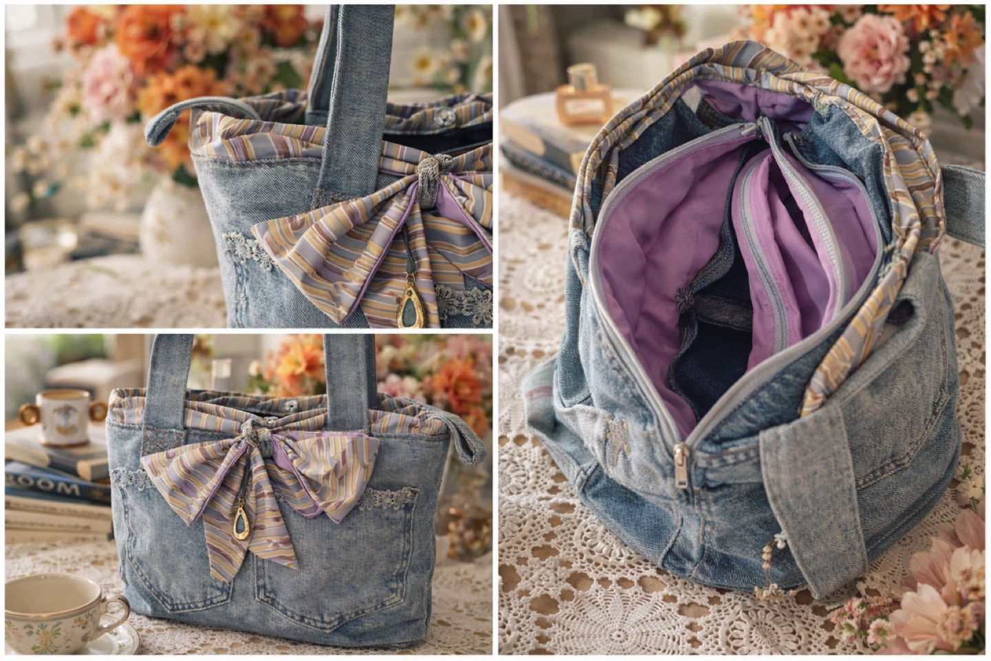 Cottage-core Durable Denim Tote Bag with Bow Detail