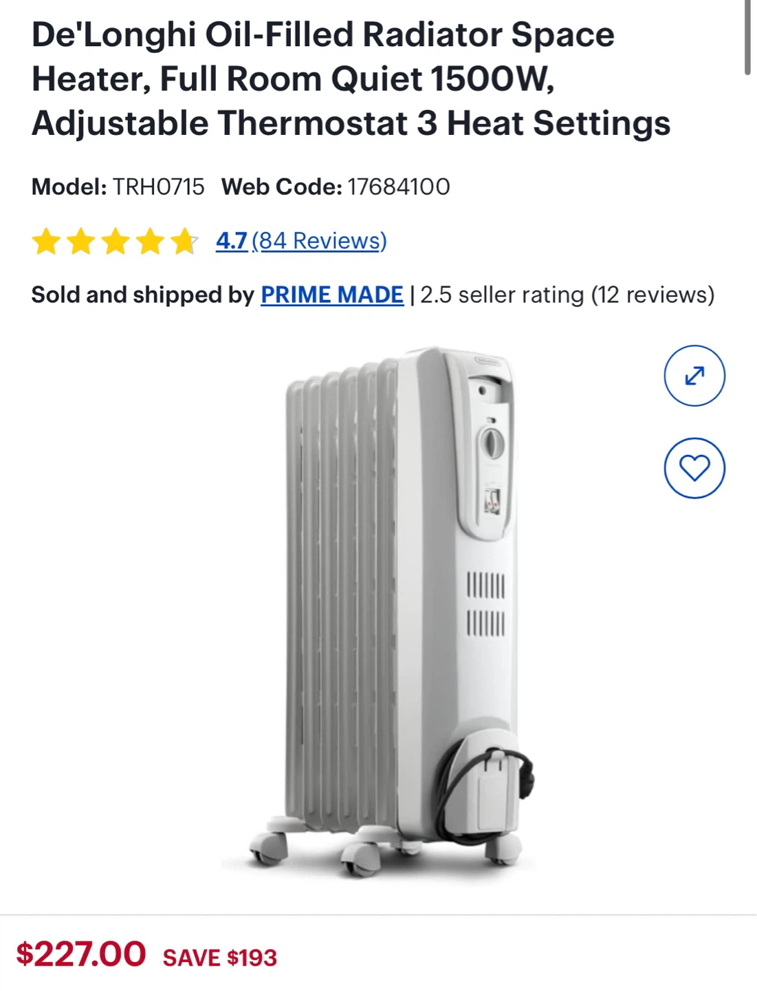 De'Longhi Oil-Filled Radiator Space Heater TRH0715