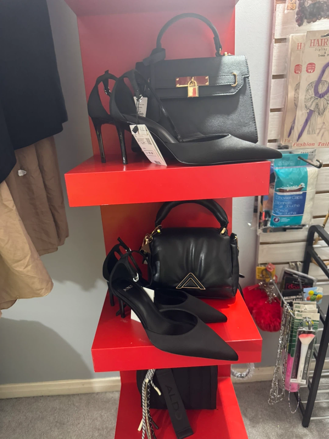 Black high heels and Aldo purses