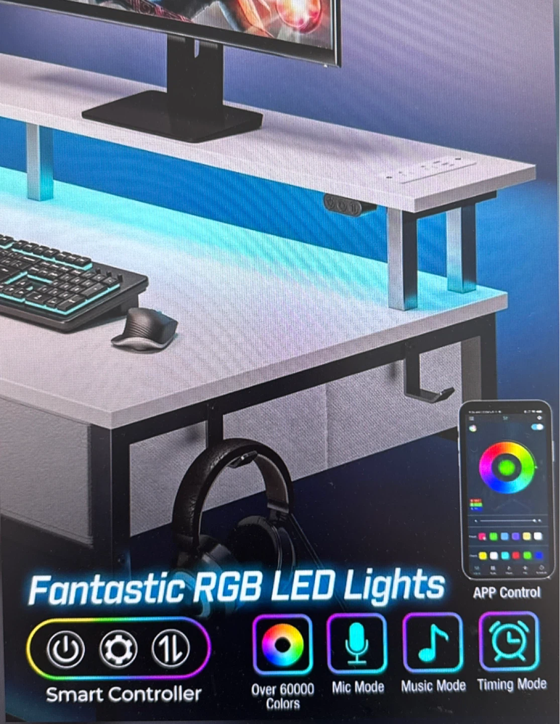 Working Desk with RGB LED Lights and Built-in Power Ports - photo 3