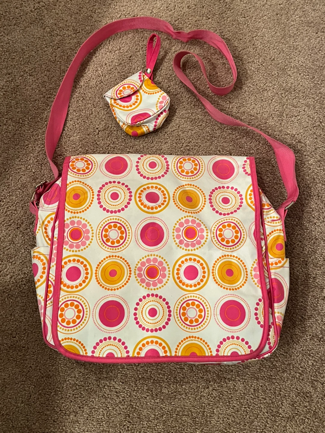 Pink & Orange Circles Messenger Bag with Matching Pouch