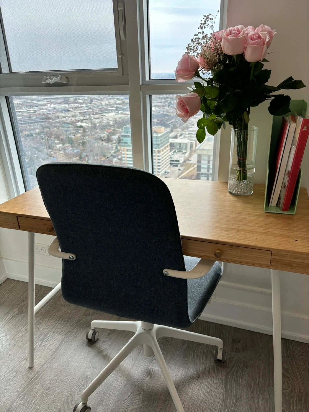 Bamboo desk with denim fabric chair