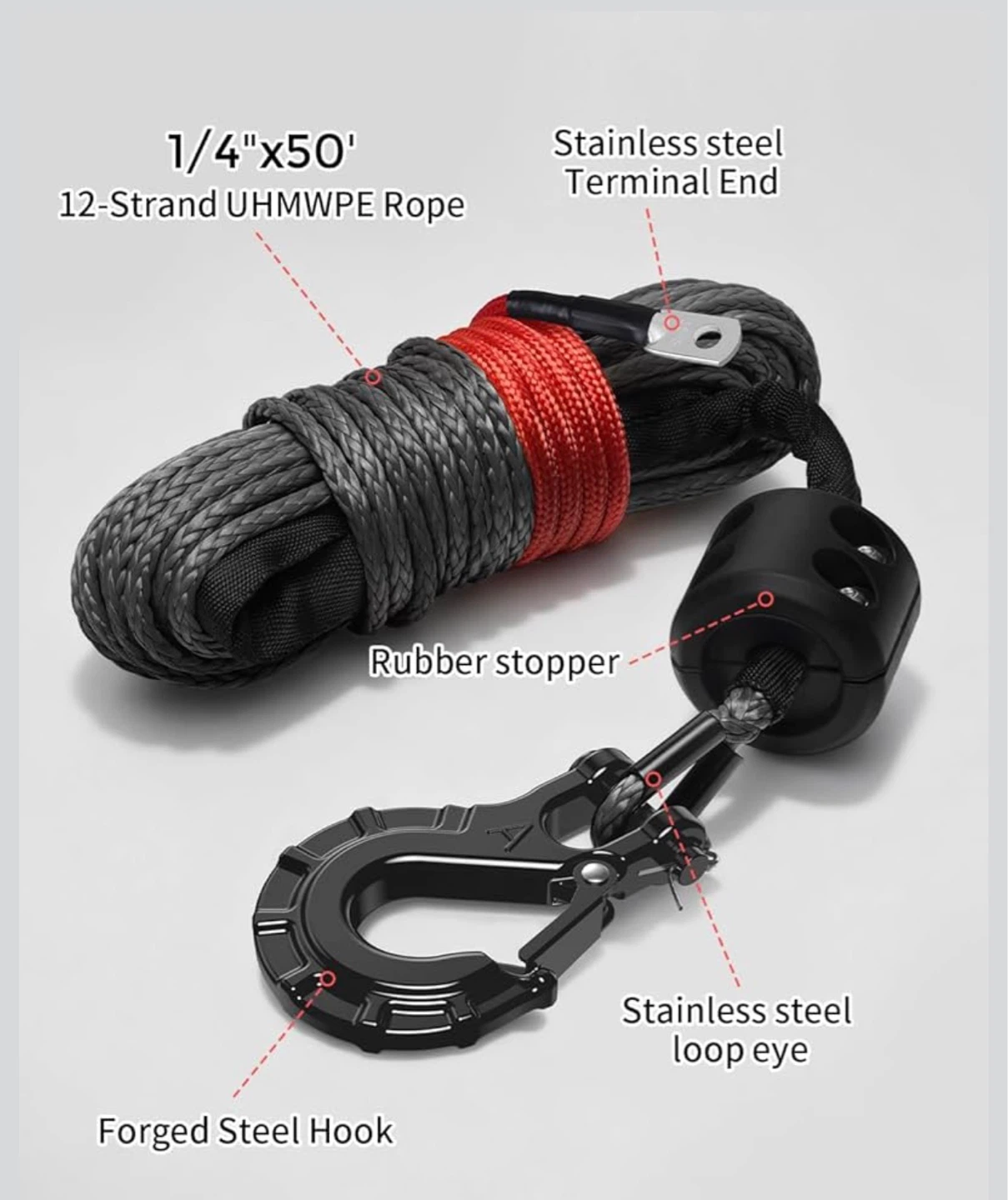 Kolvoii 1/4" x 50' Synthetic Winch Rope Kit - photo 3